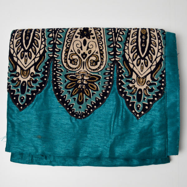 Shiny Teal Table Runner with Beaded Applique Pattern + Corner Tassels - 13" x 72"