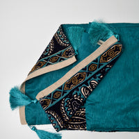 Shiny Teal Table Runner with Beaded Applique Pattern + Corner Tassels - 13" x 72"