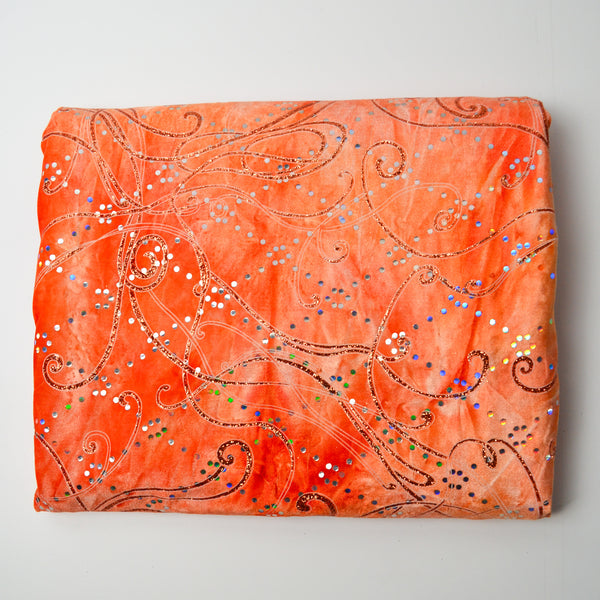 Orange Velvety Stretch Knit Fabric with Abstract Metallic Print + Sequins - 62" x 78"