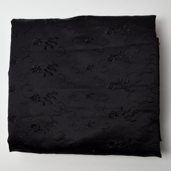 Black Satiny Woven Fabric with Black Floral Embroidery - 52" x 76"