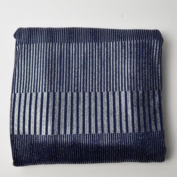 Blue + Silver Metallic Stripes Stretchy Rib Knit Fabric - 66" x 120"
