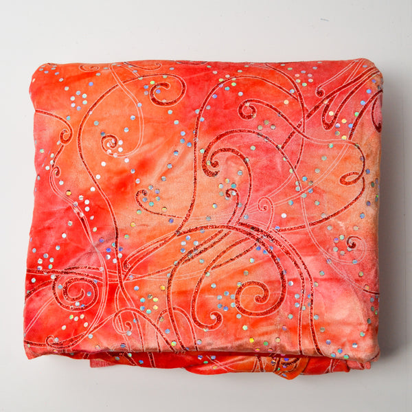 Orange Velvety Stretch Knit Fabric with Abstract Metallic Print and Sequins - 64" x 80"