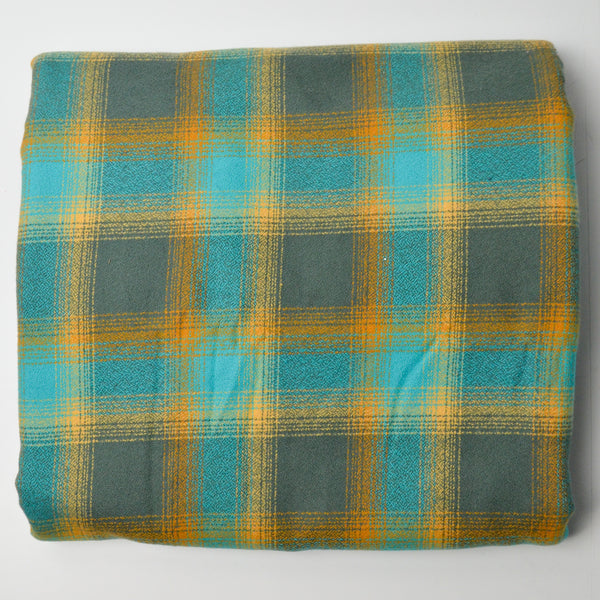 Teal, Olive + Yellow Brushed Surface Flannel Woven Plaid Fabric - 45" x 106"