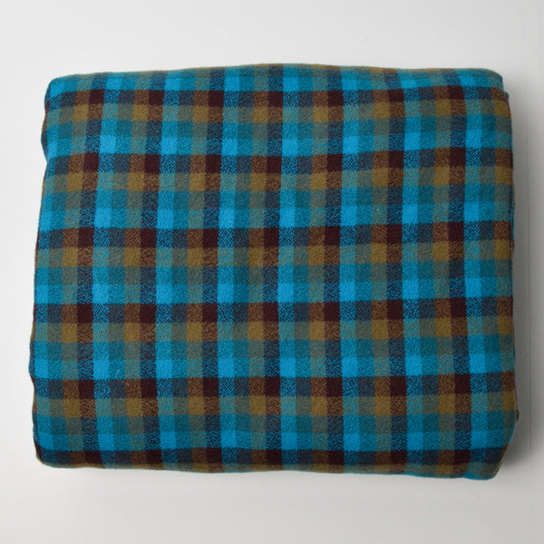 Aqua, Olive + Brown Brushed Surface Flannel Woven Plaid Fabric - 45" x 112"