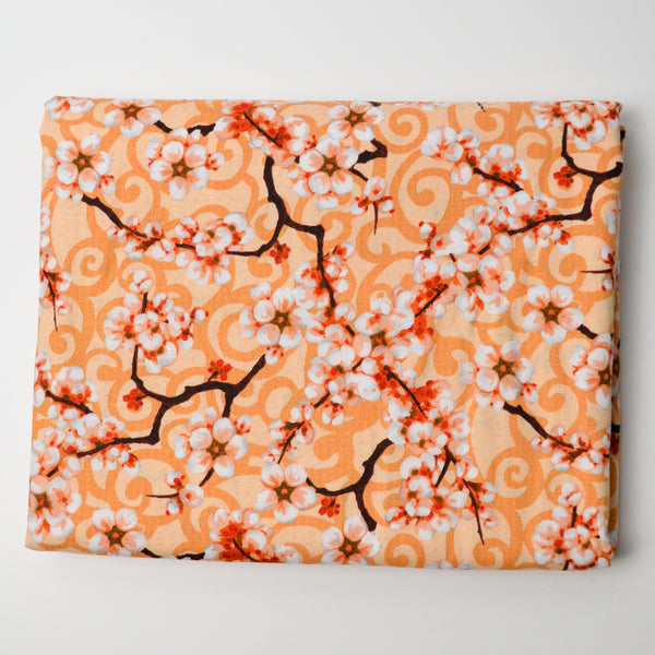 Orange Cherry Blossom Print Quilting Weight Woven Fabric - 44" x 108"
