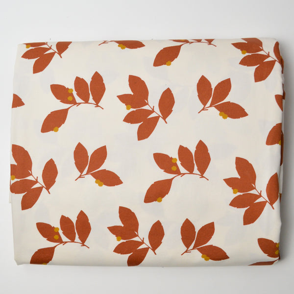 Off-White + Rust Brown Leaf Print Woven Synthetic Drapery Fabric - 96" x 200"