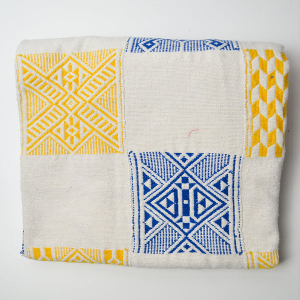 White, Blue + Yellow Geometric Pieced Cotton Woven Fabric - 35" x 35"
