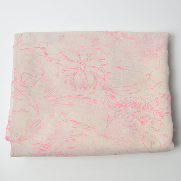 Off-White + Hot Pink Floral Print Flowy Chiffon Fabric - 44" x 188" (Small Stains)