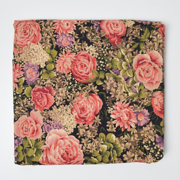Black, Pink + Beige Rose Print Quilting Weight Woven Fabric - 42" x 112"