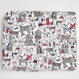 White, Gray + Red Illustrated Dog Print Flannel Woven Fabric - 42" x 144"