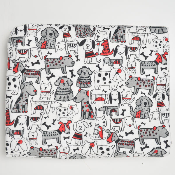 White, Gray + Red Illustrated Dog Print Flannel Woven Fabric - 42" x 144"