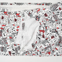 White, Gray + Red Illustrated Dog Print Flannel Woven Fabric - 42" x 144"