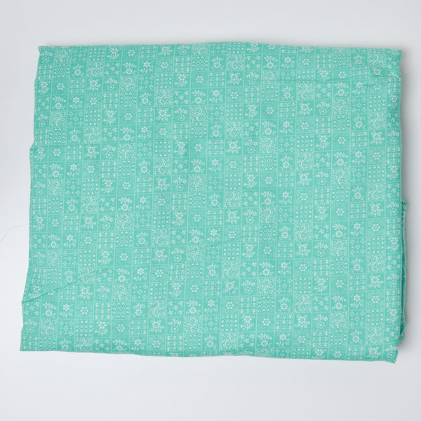 Bright Teal + White Small Floral Grid Print Woven Fabric - 43" x 132"