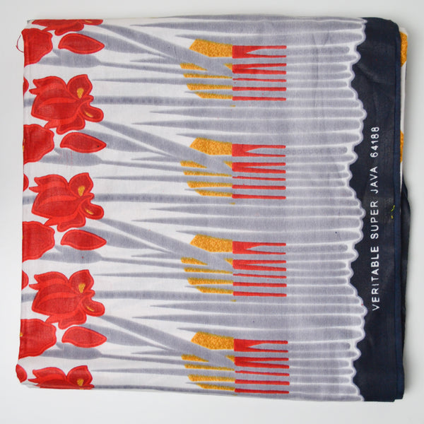 Black, Gray, Red + Yellow Floral Wax Print Woven Fabric - 45" x 90"
