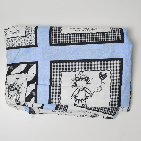Blue, Black + White Cartoon Panel Print Woven Fabric - 96" x 120"