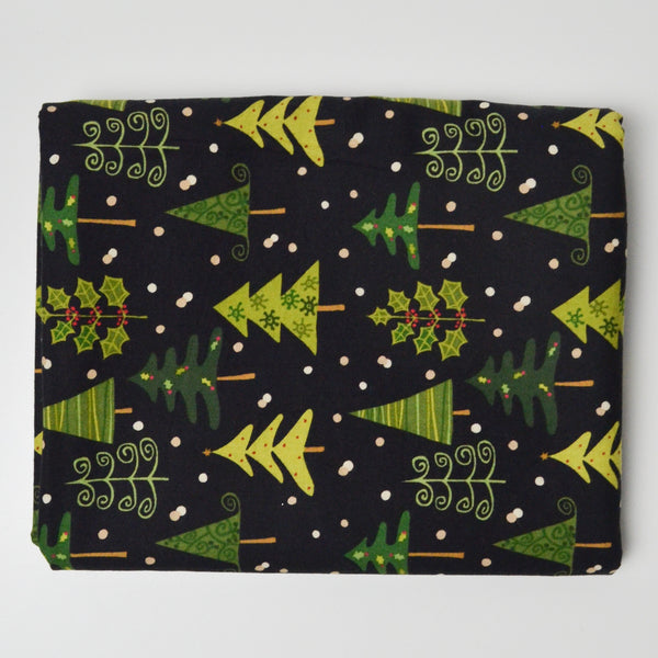 Black + Green Christmas Tree Print Quilting Weight Woven Fabric - 44" x 80"