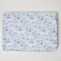 Blue + White Illustrated Boat + Lighthouse Print Quilting Weight Woven Fabric - 41" x 168"