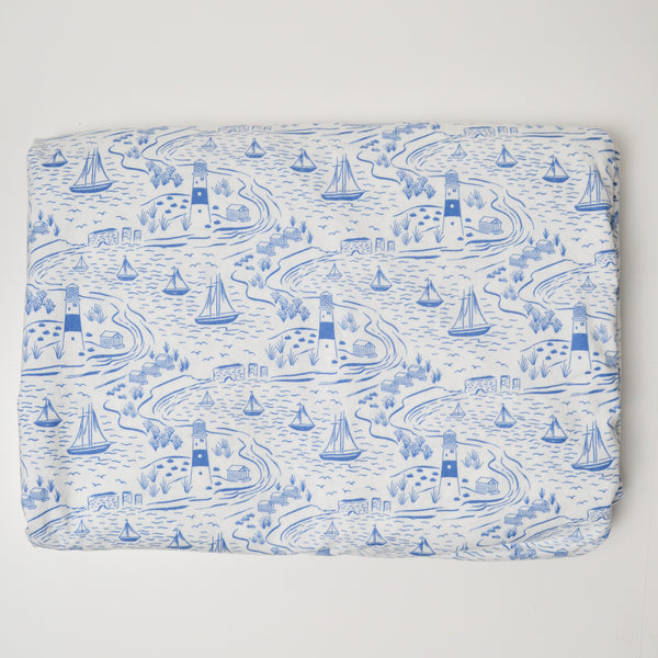 Blue + White Illustrated Boat + Lighthouse Print Quilting Weight Woven Fabric - 41" x 168"
