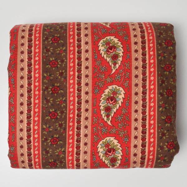 Red, Green + Beige Floral Stripe Print Brushed Flannel Woven Fabric - 42" x 148"