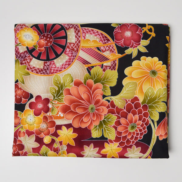 Black, Red + Yellow Large Floral Print Quilting Weight Woven Fabric - 44" x 74"