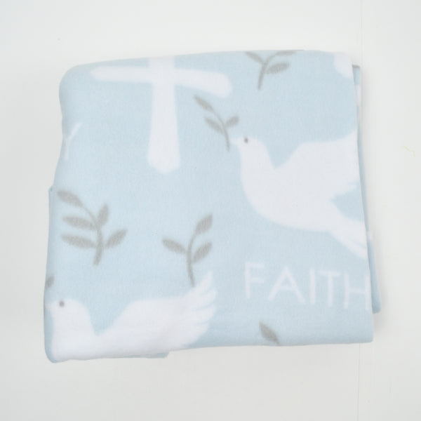 Light Blue + White Faith Dove Print Fleece Fabric - 50" x 64"