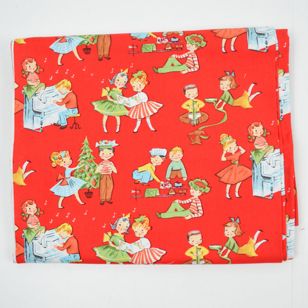 Vintage Christmas Children Illustration Print Quilting Weight Woven Fabric - 44" x 112"