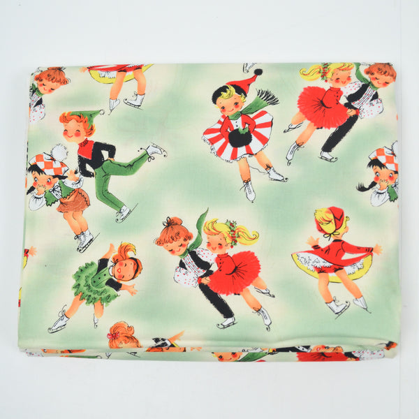Vintage Ice Skating Children Illustration Print Quilting Weight Woven Fabric - 44" x 104"
