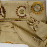 Beige, Brown + Green Mandala Embroidered Silky Woven Fabric - 54" x 122"
