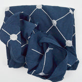 Dark Blue + White Embroidered Dots + Grid Linen Woven Drapery Fabric - 54" x 90"