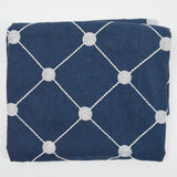 Dark Blue + White Embroidered Dots + Grid Linen Woven Drapery Fabric - 54" x 90"