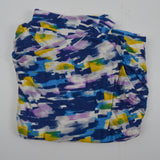 Blue, Purple, White + Yellow Brushstroke Print Rayon + Spandex Blend Knit Fabric - 80% Horizontal Stretch, 20% Vertical Stretch - 70" x 102"