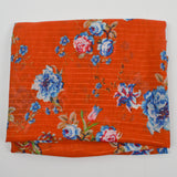Orange, Blue + Brown Floral Sheer Flowy Woven Fabric with Metallic Gold Stripes - 58" x 152"