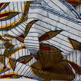 Yellow, White, Blue + Red Leaf African Wax Print Fabric - 46" x 108"