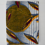 Yellow, White, Blue + Red Leaf African Wax Print Fabric - 46" x 108"