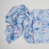 Light Blue, White + Pink Floral Print Synthetic Knit Fabric - 62" x 92"