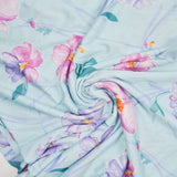 Light Blue, Pink + Purple Floral Print Polyester Stretch Knit Fabric - 60" x 88"
