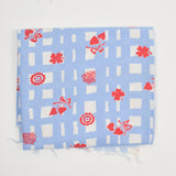 Blue Grid + Red Motif Print Vintage Feed Sack Fabric - 34" x 44"