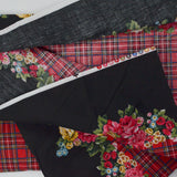 Red + Blue Plaid + Wide Black Floral Border Print Quilting Weight Woven Fabric - 44" x 90"