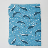 Blue + White Narwhal Print Brushed Flannel Woven Fabric - 41" x 86"