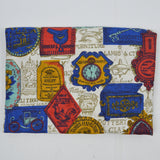 Beige, Blue, Red + Yellow Vintage Label Print Pleated Fabric Curtain - 22" x 54"