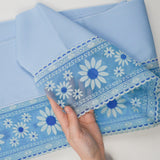 Light Blue Woven Fabric with Blue + White Flocked Floral Sheer Lace Trim - 9" x 528"