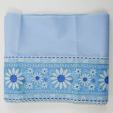 Light Blue Woven Fabric with Blue + White Flocked Floral Sheer Lace Trim - 9" x 528"