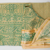 Beige + Green Architectural + Floral Print Sheer Chiffon Fabric with Ornate Gold Trim - 42" x 200"