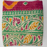 Green, Magenta, Beige + Orange Floral Print Kantha Fabric - 55" x 80"