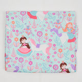 Light Blue, Pink, White + Orange Princess and Unicorn Print Quilting Weight Woven Fabric - 44" x 74"