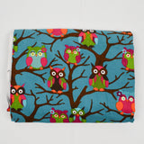 Blue, Brown, Pink + Green Owls in Tree Print Corduroy Fabric - 48" x 80"