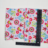 Light Pink, Green, Red + Blue Bird and Flower Print Quilting Weight Woven Fabric - 44" x 46"