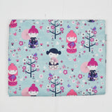 Light Blue, White, Pink + Purple Japanese Kokeshi Doll Print Quilting Weight Woven Fabric - 44" x 51"