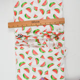White, Green + Red Watermelon Print Lightweight Woven Fabric with Black + White Stripe Panels - 82" x 114"