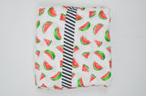 White, Green + Red Watermelon Print Lightweight Woven Fabric with Black + White Stripe Panels - 82" x 114"